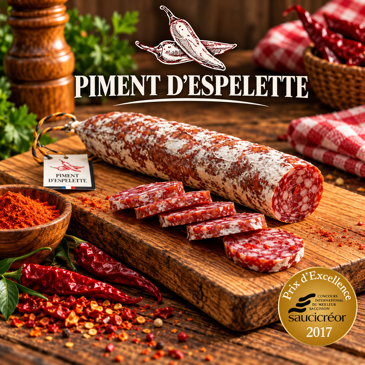 Saucisson fait en Auvergne au Piment d'espelette
