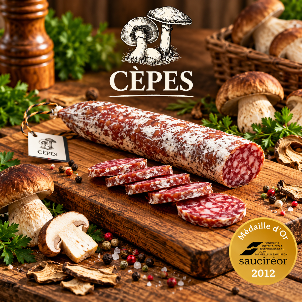 Saucisson fait en Auvergne aux Cèpes